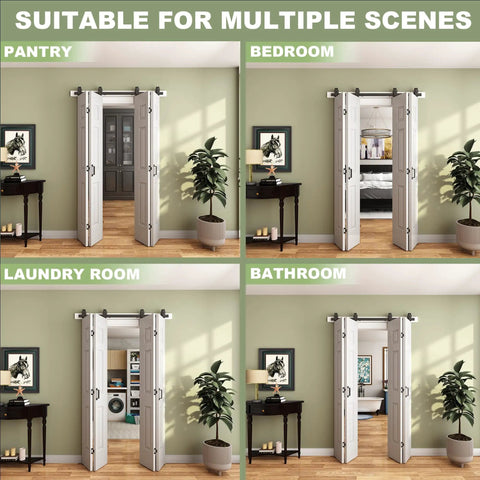 Image showing 48 By 84 Inch Bifold Barn Door With Complete Hardware Set in various room settings: pantry, bedroom, laundry room, bathroom.