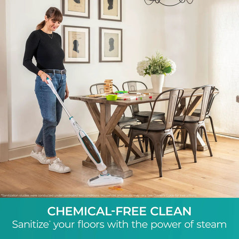 Woman using Straight Up Heavy Steam Mop for Sanitizing Sealed Hardwood Tile and Vinyl Floors with Chemical Free deep cleaning power.