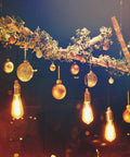 Decorative lights and ornaments hanging from a branch, creating a warm festive atmosphere.