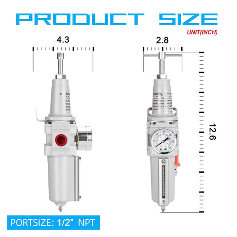 Half Inch NPT High Pressure Air Filter Regulator Combo With T Handle And Semi Auto Drain 0 To 300 Psi Gauge Metal Bowl 141 SCFM At 90 Psi dimensions