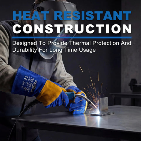 Blue 16 Inch Welding Gloves Fire Resistant Leather With Double Layer Padding For Stick Welders MIG Flux Core.