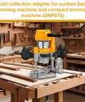 Dust Collection Adapter For DWP611 Compact Router And DNP616 Plunge Base Routers, installed on router in workshop