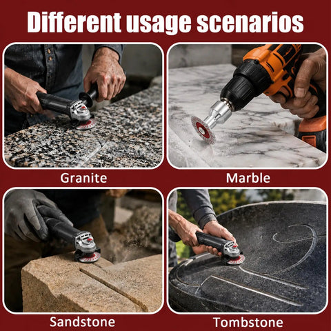 Different usage scenarios showing Badass Grade 4 Pack Mini Diamond Saw Blades Set For Granite Marble And Tile Precision Cutting.