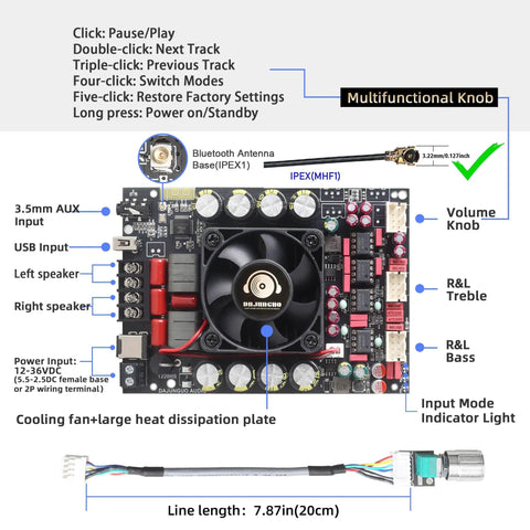 Dual Channel Power Amplifier Board With 220W Per Channel, Front Panel, Treble And Bass Control, 12V To 36V DIY Audio Module