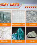 Image showing glass, porcelain tile, granite, marble, crystal, and jade, highlighting materials cut by Ultra Thin Diamond Saw Blade 4.5 Inch.