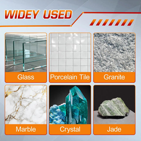 Image showing glass, porcelain tile, granite, marble, crystal, and jade, highlighting materials cut by Ultra Thin Diamond Saw Blade 4.5 Inch.
