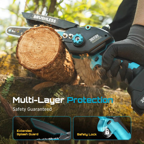 Dual-Bar Cordless Mini Chainsaw cutting log, 8 inch guide bar, 1000W brushless motor, handheld wood cutter, garden tool