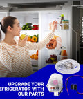 Woman opening fridge with Upgraded Refrigerator Defrost Kit With Cold Control Thermostat, Defrost Timer And Bimetal Thermostat shown