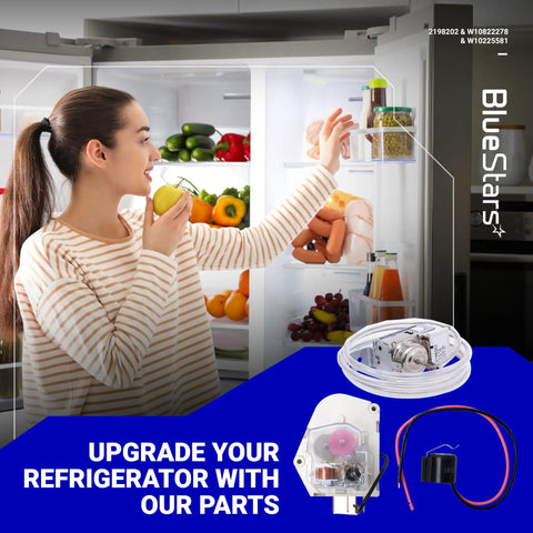 Woman opening fridge with Upgraded Refrigerator Defrost Kit With Cold Control Thermostat, Defrost Timer And Bimetal Thermostat shown