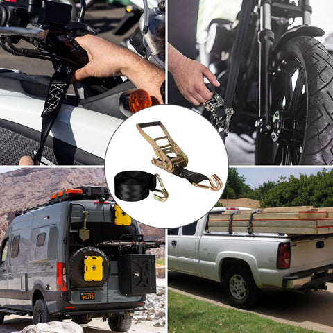 Heavy Duty 2 Inch Ratchet Straps Set, 20 Feet Long With Double J Hooks, securing motorcycles, kayaks, and cargo on vehicles