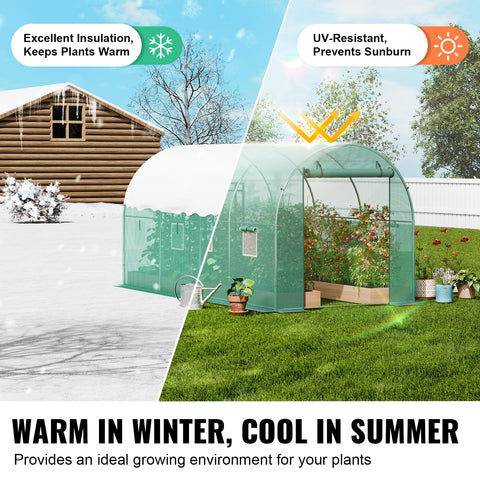 Beefed-Up Walk-In Tunnel Greenhouse With Galvanized Steel Frame And Green PE Cover, 9.6 By 6.4 By 6.2 Feet Hoop House With Roll-Up Zipper Door And Six Windows For Outdoor Plant Growing And Garden Season Extension