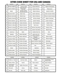 City code sheet for USA and Canada showing area codes and city names.