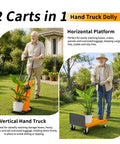 Heavy Duty Folding Hand Truck Dolly, 2 In 1 Collapsible Platform Cart moving a plant on grass in vertical hand truck mode.