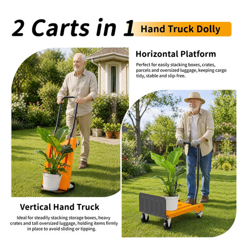 Heavy Duty Folding Hand Truck Dolly, 2 In 1 Collapsible Platform Cart moving a plant on grass in vertical hand truck mode.