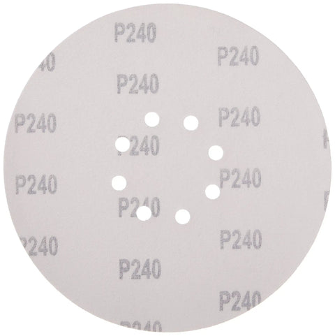 240 Grit Hook And Loop Sandpaper Discs For 9 Inch Drywall Sander 10 Pack Easy Install And Removal Durable Backing For A Smooth Finish On Walls And Ceilings No Fuss Swaps showing front side with dust holes.