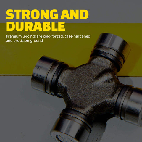 Greaseable Premium Universal Joint 330A for Heavy-Duty Trucks and SUVs, strong and durable close-up view on yellow background.
