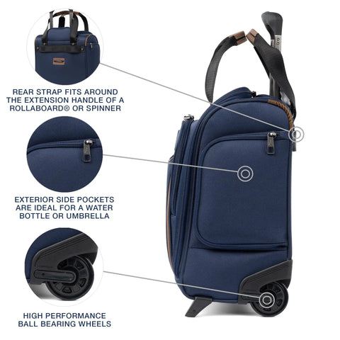 Side view of Underseat Carry-On Softside Luggage Road-Ready with water-resistant pocket, Patriot Blue, on wheels