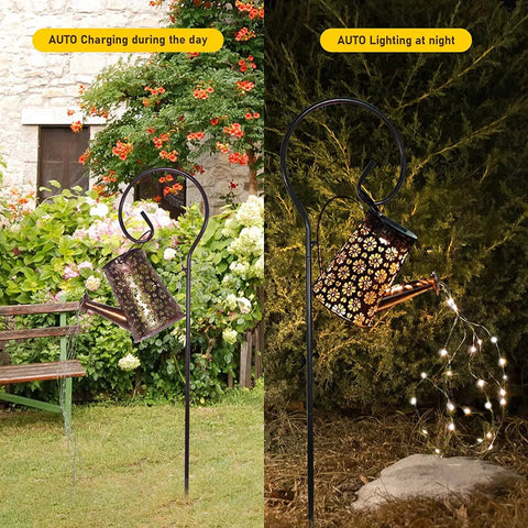Cozy Watering Can Solar Powered Lights Outdoor Lantern With Fairy String Lights hanging in garden with auto charging and lighting