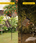 Two Pack Solar Watering Can Lantern Lights With Bendable Copper Fairy String Lights illuminated at night in garden.