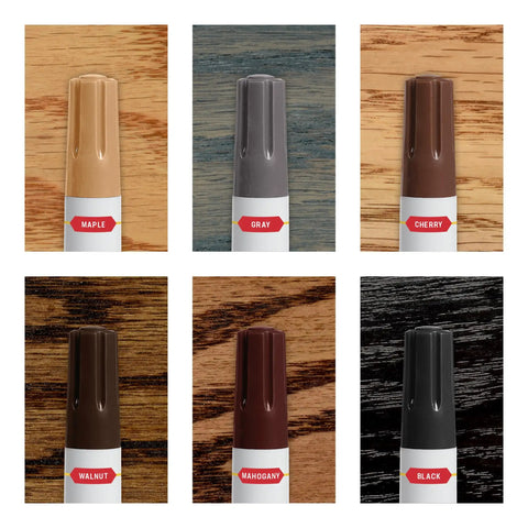 Slick No Fuss Scratch Repair Marker For Hardwood Floors And Furniture in wood shades; Maple, Gray, Cherry, Walnut, Mahogany, Black.