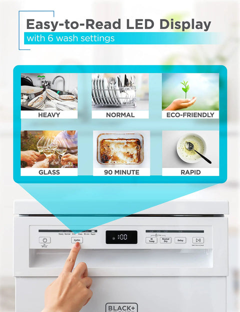 Slick 18 Inch Portable Dishwasher With Stainless Steel Tub Cleans Eight Place Settings Fast Energy Star Certified Control panel with 6 wash settings