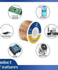 Desoldering Wick Braid With Flux 100 Ft No Clean Soldering Wick shown with electronics applications like PCB and appliances.