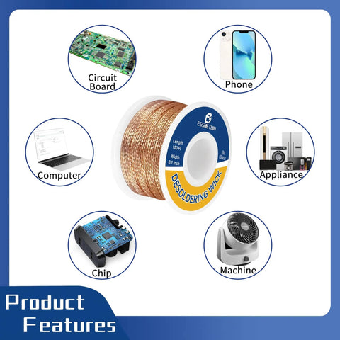 Desoldering Wick Braid With Flux 100 Ft No Clean Soldering Wick shown with electronics applications like PCB and appliances.