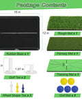 Contents of Three In One Golf Practice Mat With Swing Path Feedback, including rubber base, mats, tees, and balls shown.