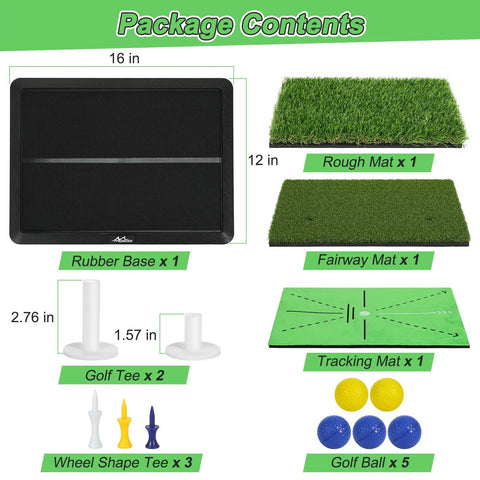 Contents of Three In One Golf Practice Mat With Swing Path Feedback, including rubber base, mats, tees, and balls shown.