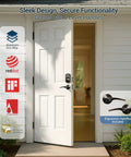 Fast Unlocking Fingerprint Door Lock With Two Lever Handles installed on white door, showcasing keyless entry and design awards.