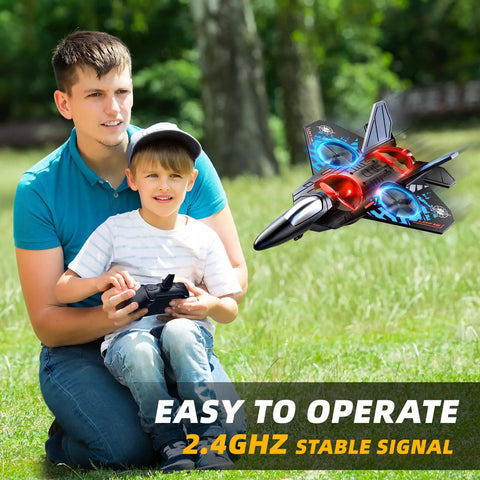 Father and son enjoy Foam RC Airplane For Kids And Adults, Two Point Four GHz Remote Control Plane With Colorful Lights outdoors