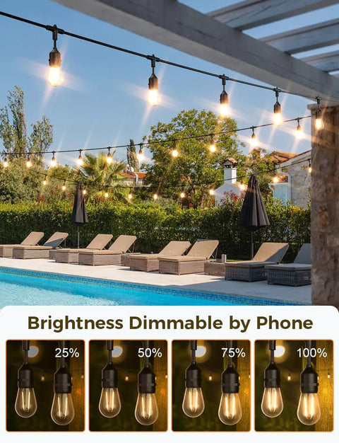 Smart Outdoor String Lights 123 Ft With 40 Dimmable Edison Bulbs IP65 Weatherproof WiFi App Control illuminating a poolside area