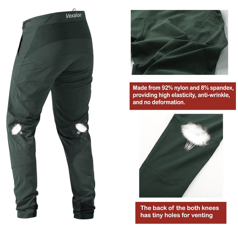 Rear view of Baggy Quick Dry Mountain Bike Pants for Men, Army Green, showing reinforced knees and ventilation holes, Size 34.