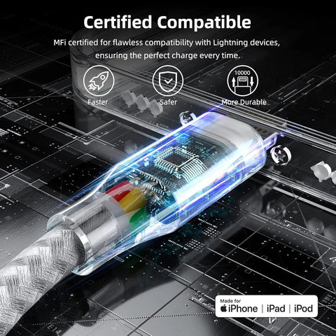Close-up of a transparent nylon-braided Lightning charging cable with visible internal wires