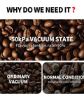 Top Shelf Automatic Vacuum Coffee Canister With Stainless Steel Build Digital Display One Touch Freshness Seal image showing coffee beans in various vacuum states