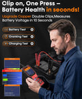 All In One OBD2 Scanner With Battery Tester in use, man testing 12V car battery, showing diagnostic screen and test results
