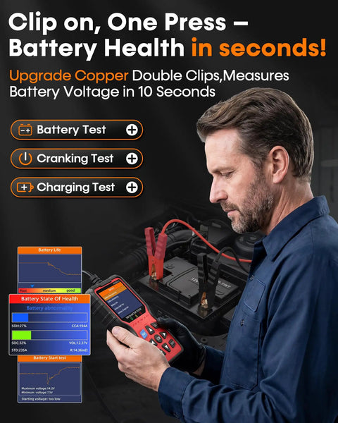 All In One OBD2 Scanner With Battery Tester in use, man testing 12V car battery, showing diagnostic screen and test results
