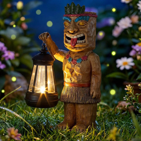 Solar Tiki Statue With Lantern For Outdoor Decor 9.84 Inch Tall Hand Painted Resin Tiki Figurine in garden with glowing lantern
