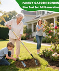 Family using Heavy Duty 8 Tooth Iron Weeding Rake With Handle 2.0 Root Grabbing Weed Puller in garden for weeding and soil aeration.
