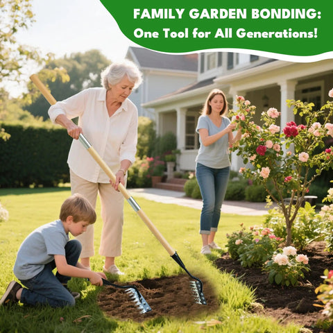 Family using Heavy Duty 8 Tooth Iron Weeding Rake With Handle 2.0 Root Grabbing Weed Puller in garden for weeding and soil aeration.