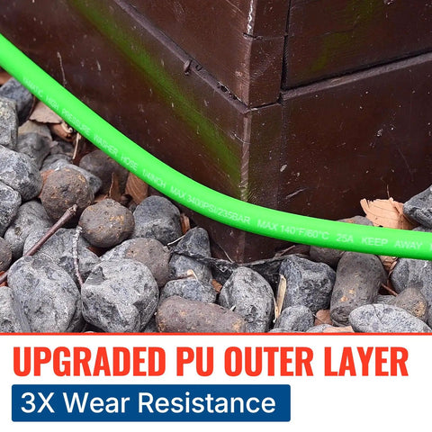 Upgraded 50 Ft Pressure Washer Hose Capable Of 3400 PSI, One Quarter Inch Wear And Kink Resistant With Heat Protect Sleeve.