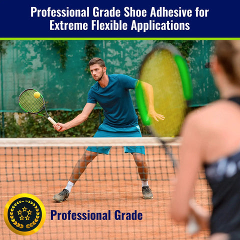 Professional Grade Shoe Glue For All Footwear Repairs Waterproof And Quick Drying Clear Formula Ideal For Hiking Boots Kicks Sandals And More Durable Bond For Patching Soles shown in use on tennis court