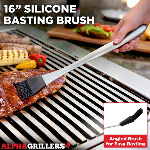 16-inch silicone basting brush in use from the 4 Piece BBQ Grill Tools Set with spatula fork tongs and silicone brush