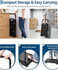 Heavy Duty Folding Hand Truck Featuring Four Sturdy Casters And Rock Solid Aluminum Handles For Zero Hassle Moving Up To 330 Pounds Without A Sweat On Any Project, shown in use with compact storage.