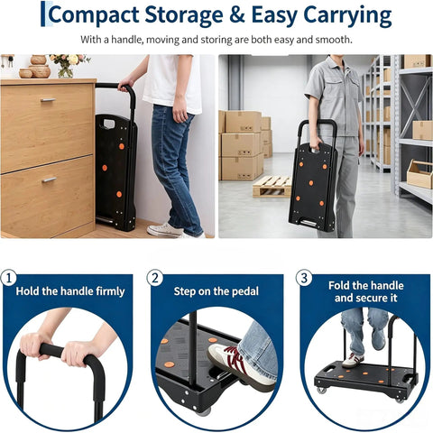 Heavy Duty Folding Hand Truck Featuring Four Sturdy Casters And Rock Solid Aluminum Handles For Zero Hassle Moving Up To 330 Pounds Without A Sweat On Any Project, shown in use with compact storage.