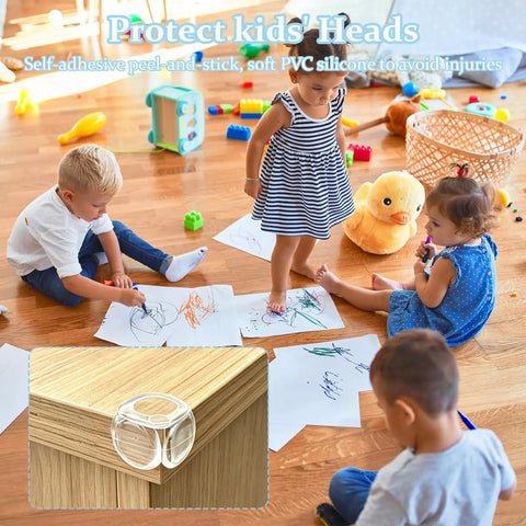 Children playing with corner guard from All In One Baby Proofing Kit 46 Pack For Cabinets Drawers Outlets And Corner Guards
