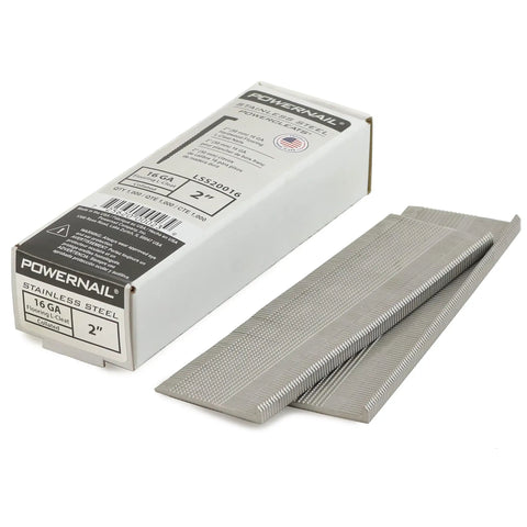 16 Gauge 2 Inch Stainless Steel L-Cleat Flooring Nails Collated Box Of 1000 For Tongue And Groove Hardwood Flooring Installations Pro Grade Durable Corrosion Resistant Fastener, box and nails displayed.