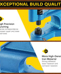 Close-up of Heavy Duty Hand Press Grommet Tool Kit with iron material and precision punching feature on a yellow background.