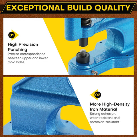 Close-up of Heavy Duty Hand Press Grommet Tool Kit with iron material and precision punching feature on a yellow background.