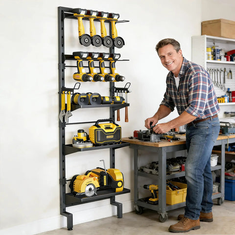 Man using a Five Tier Vertical Wall Mount Tool Storage Rack For Garage Heavy Duty Metal Organizer With Eight Drill Holder Slots Adjustable Shelves Side Hooks Space Saving Workshop Utility